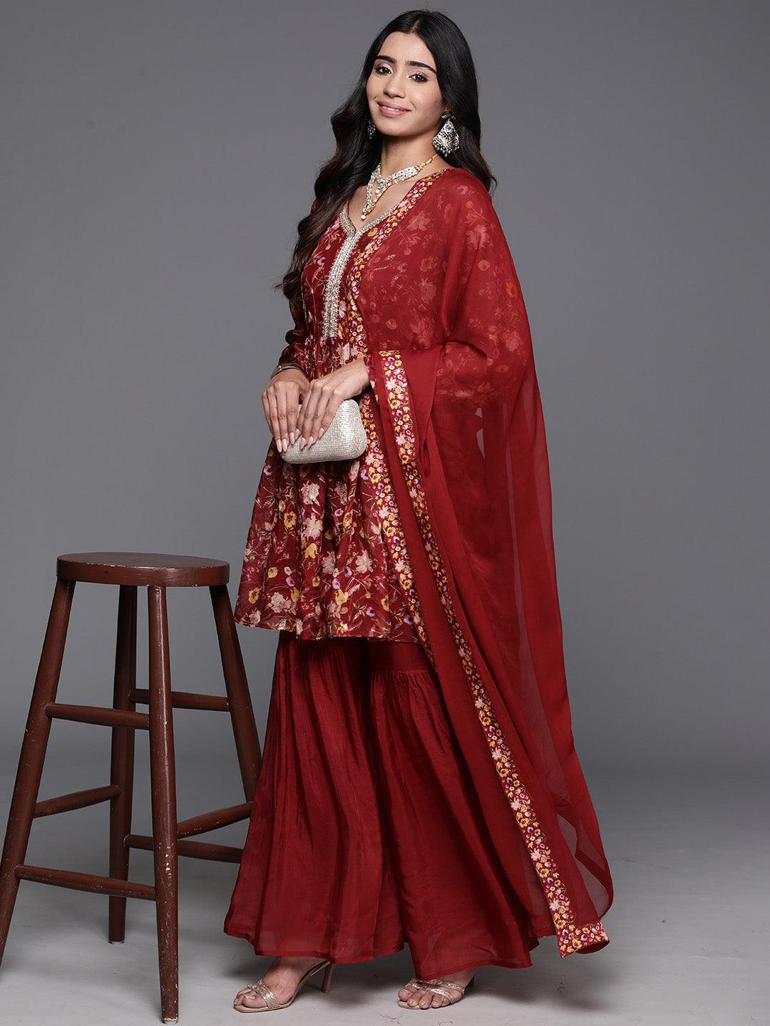 Maroon Printed Organza A-Line Kurta With Sharara & Dupatta - Jashvi