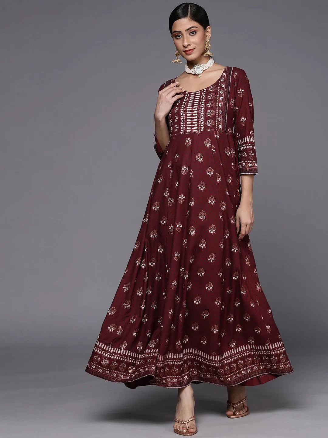 Maroon Printed Rayon A-Line Dress - Jashvi