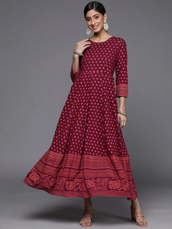 Maroon Printed Rayon A-Line Dress - Jashvi