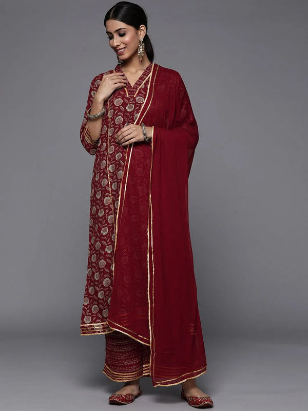 Maroon Printed Rayon A-Line Suit Set - Jashvi