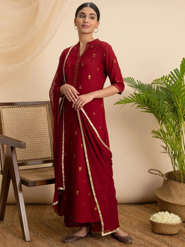 Maroon Printed Rayon Suit Set - Jashvi