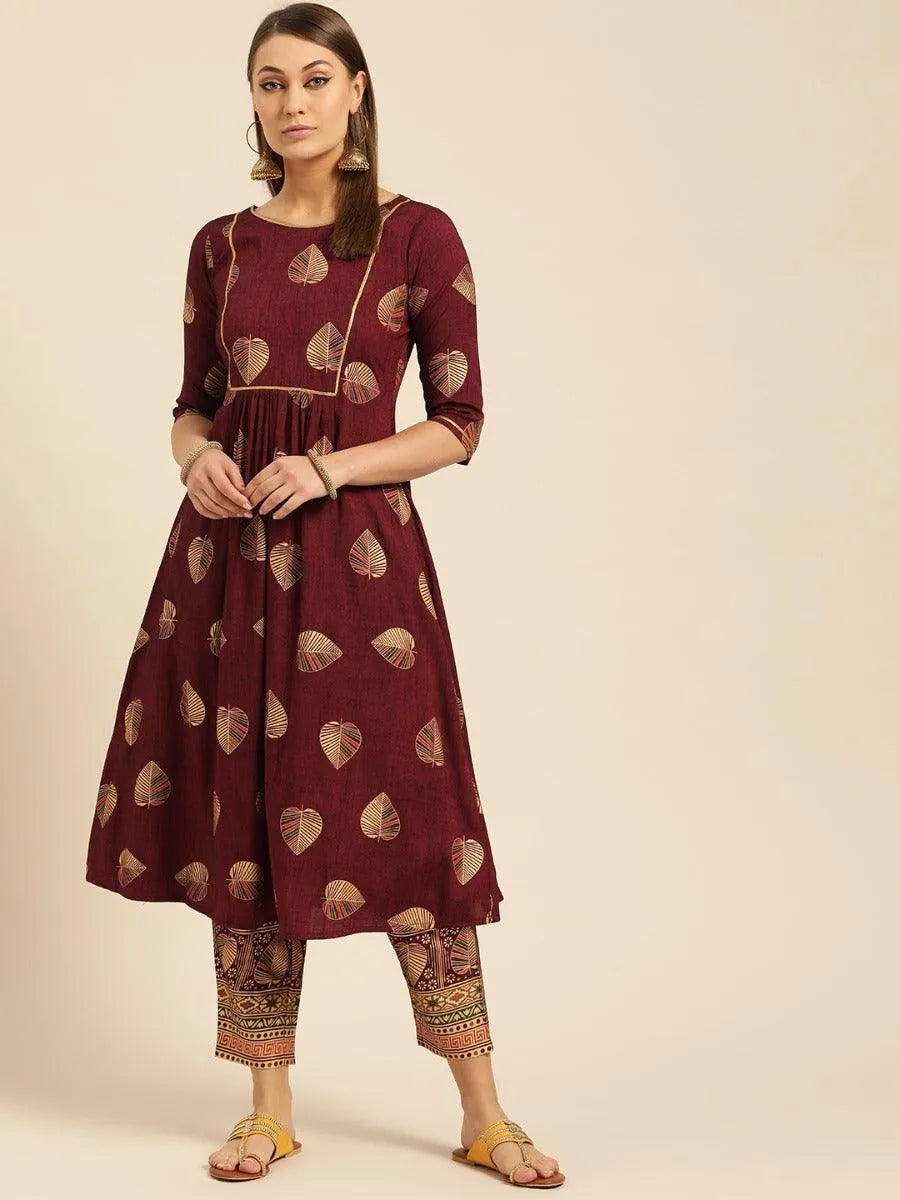 Maroon Printed Rayon Kurta Set - Jashvi