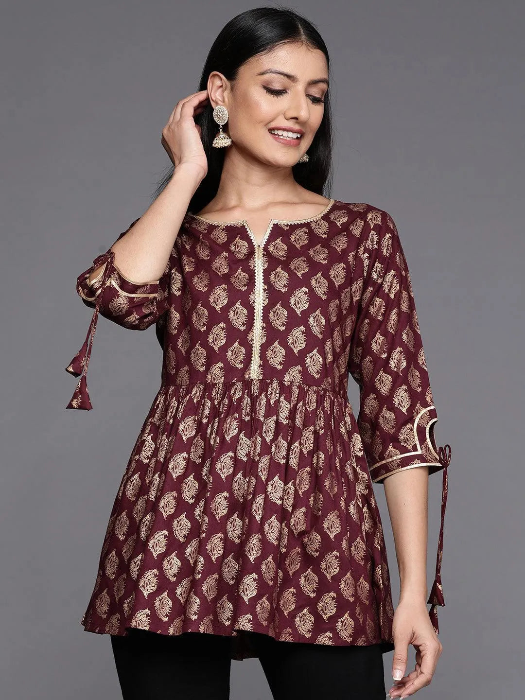 Maroon Printed Rayon A-Line Kurti - Jashvi