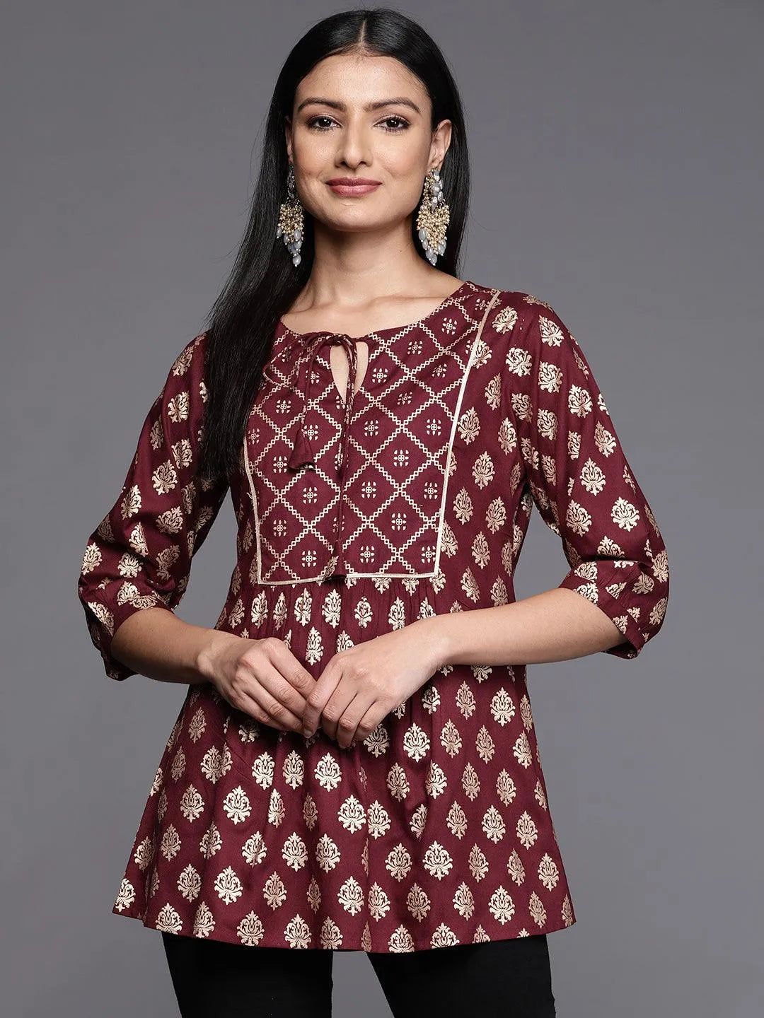 Maroon Printed Rayon A-Line Kurti - Jashvi