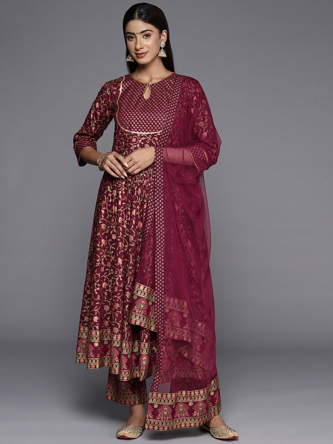 Maroon Printed Rayon Anarkali Kurta With Trousers & Dupatta - Jashvi