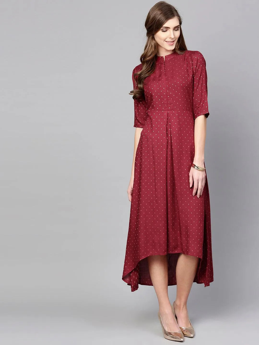 Maroon Printed Rayon Dress - Jashvi