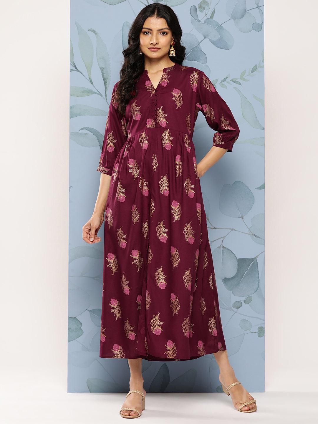 Maroon Printed Rayon Fit and Flare Dress - Jashvi