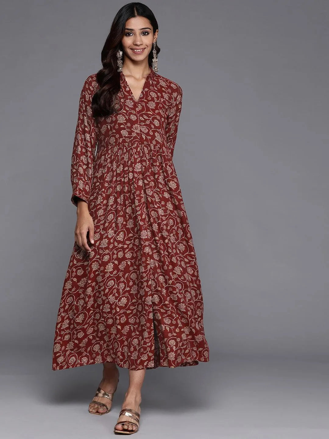 Maroon Printed Rayon Fit and Flare Dress - Jashvi