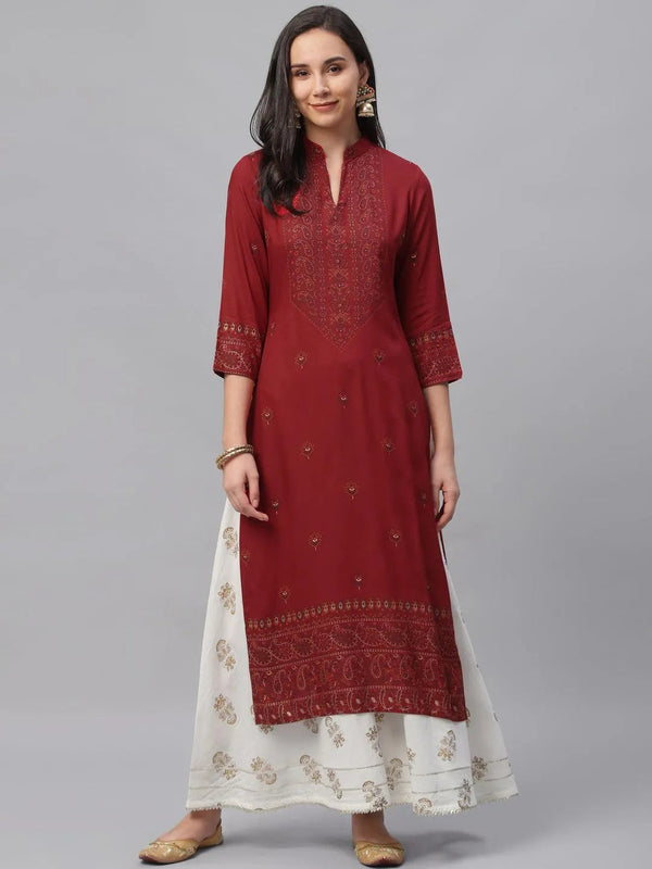 Maroon Printed Rayon Kurta - Jashvi