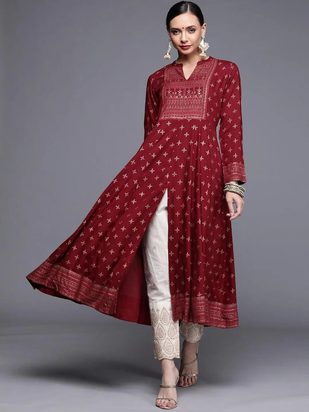 Maroon Printed Rayon Kurta - Jashvi