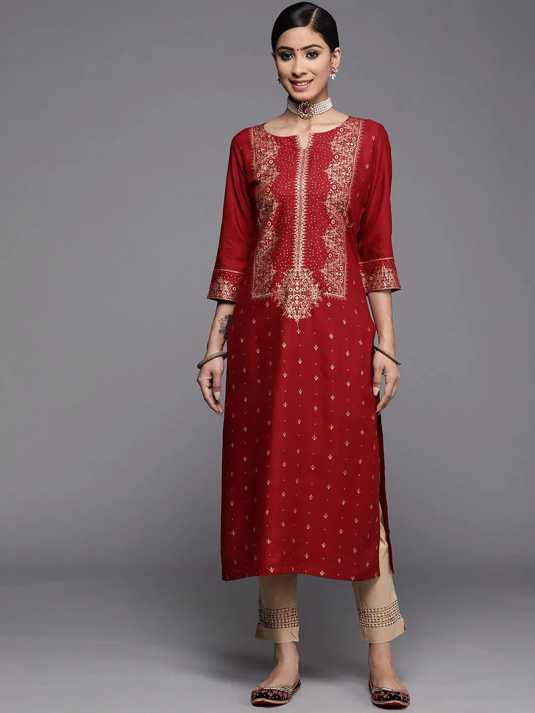 Maroon Printed Rayon Kurta - Jashvi