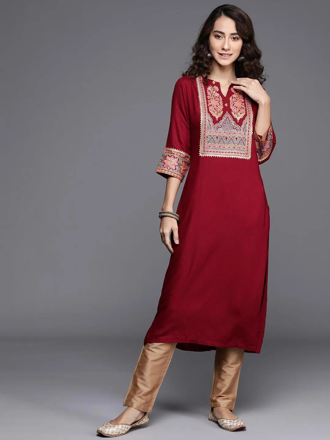 Maroon Printed Rayon Kurta - Jashvi