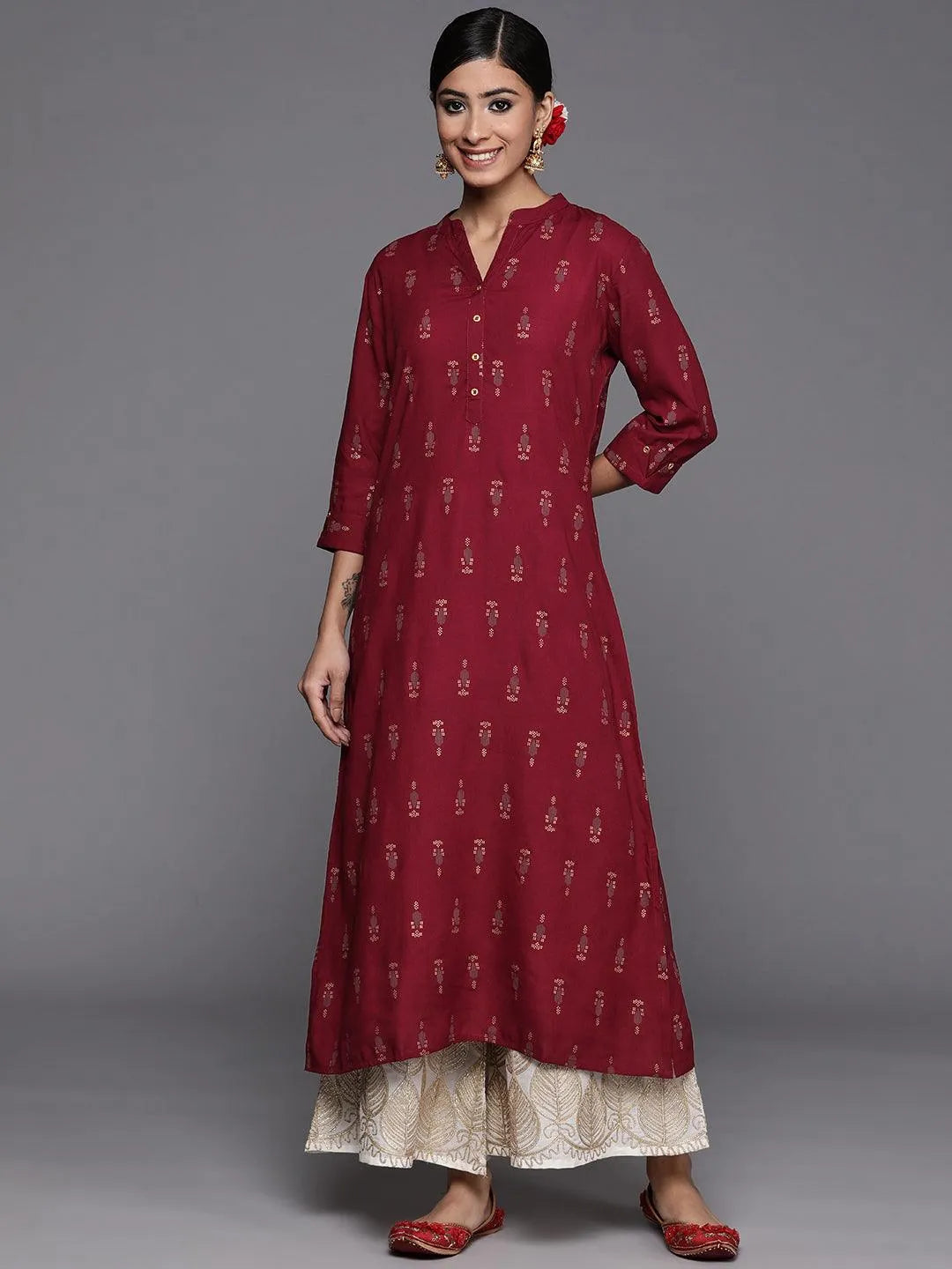 Maroon Printed Rayon Straight Kurta - Jashvi