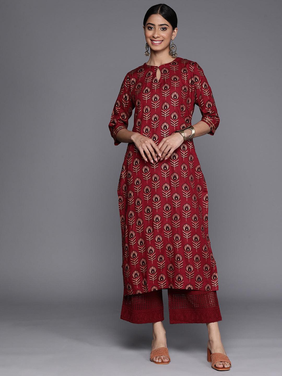 Maroon Printed Rayon Straight Kurta - Jashvi