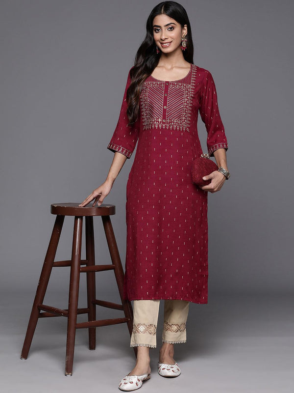 Maroon Printed Rayon Straight Kurta - Jashvi