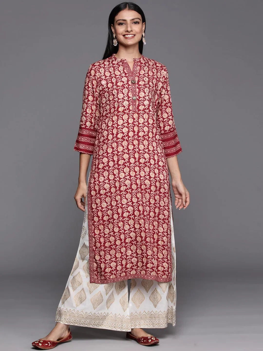 Maroon Printed Rayon Straight Kurta - Jashvi