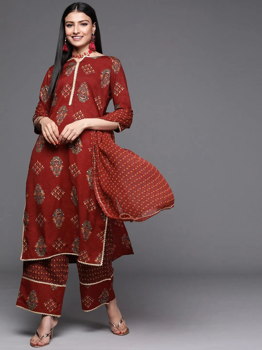 Maroon Printed Rayon Suit Set - Jashvi