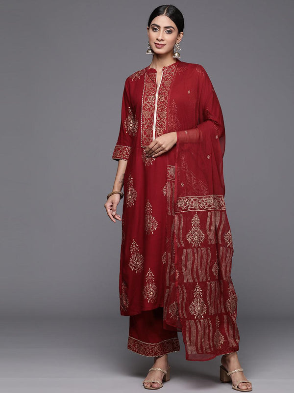 Maroon Printed Rayon Straight Kurta With Palazzos & Dupatta - Jashvi