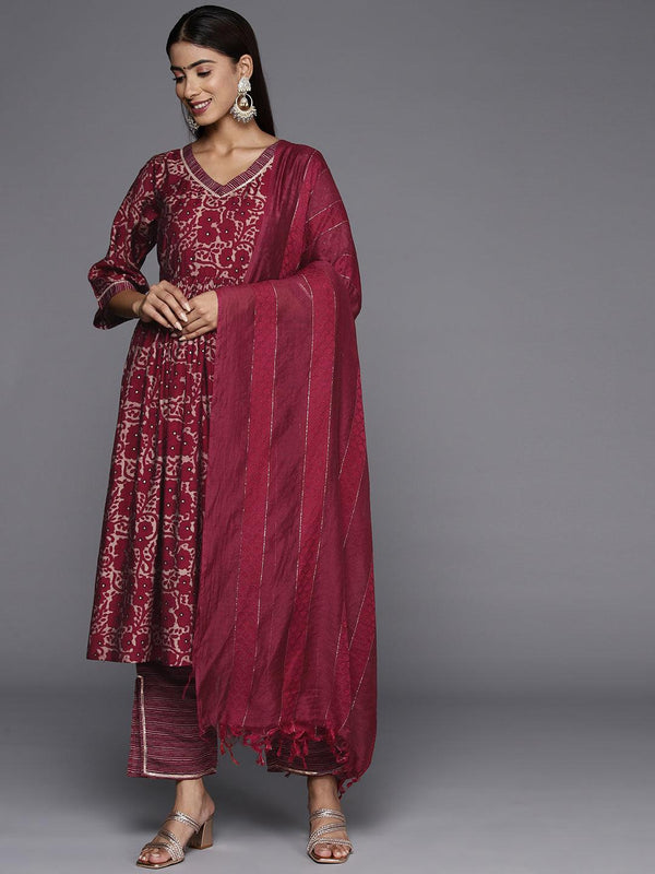 Maroon Printed Silk Blend A-Line Kurta With Trousers & Dupatta - Jashvi