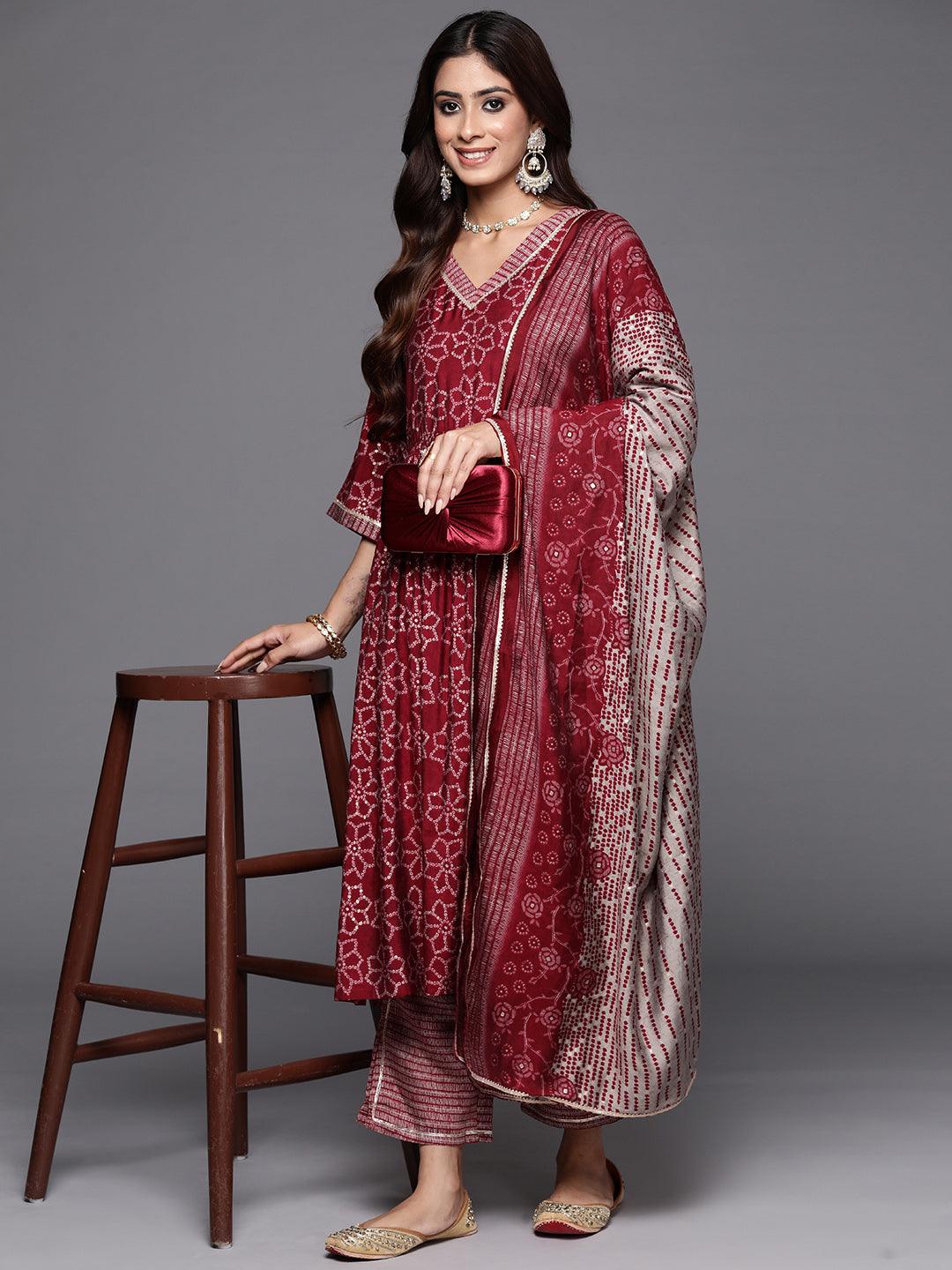 Maroon Printed Silk Blend A-Line Kurta With Trousers & Dupatta - Jashvi