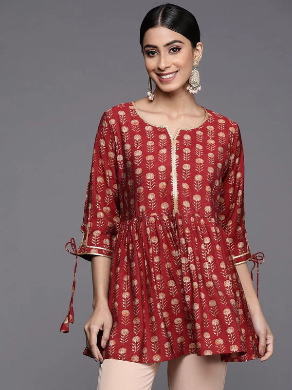 Maroon Printed Silk Blend A-Line Kurti - Jashvi