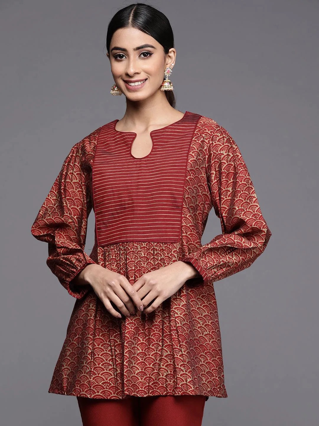 Maroon Printed Silk Blend A-Line Kurti - Jashvi