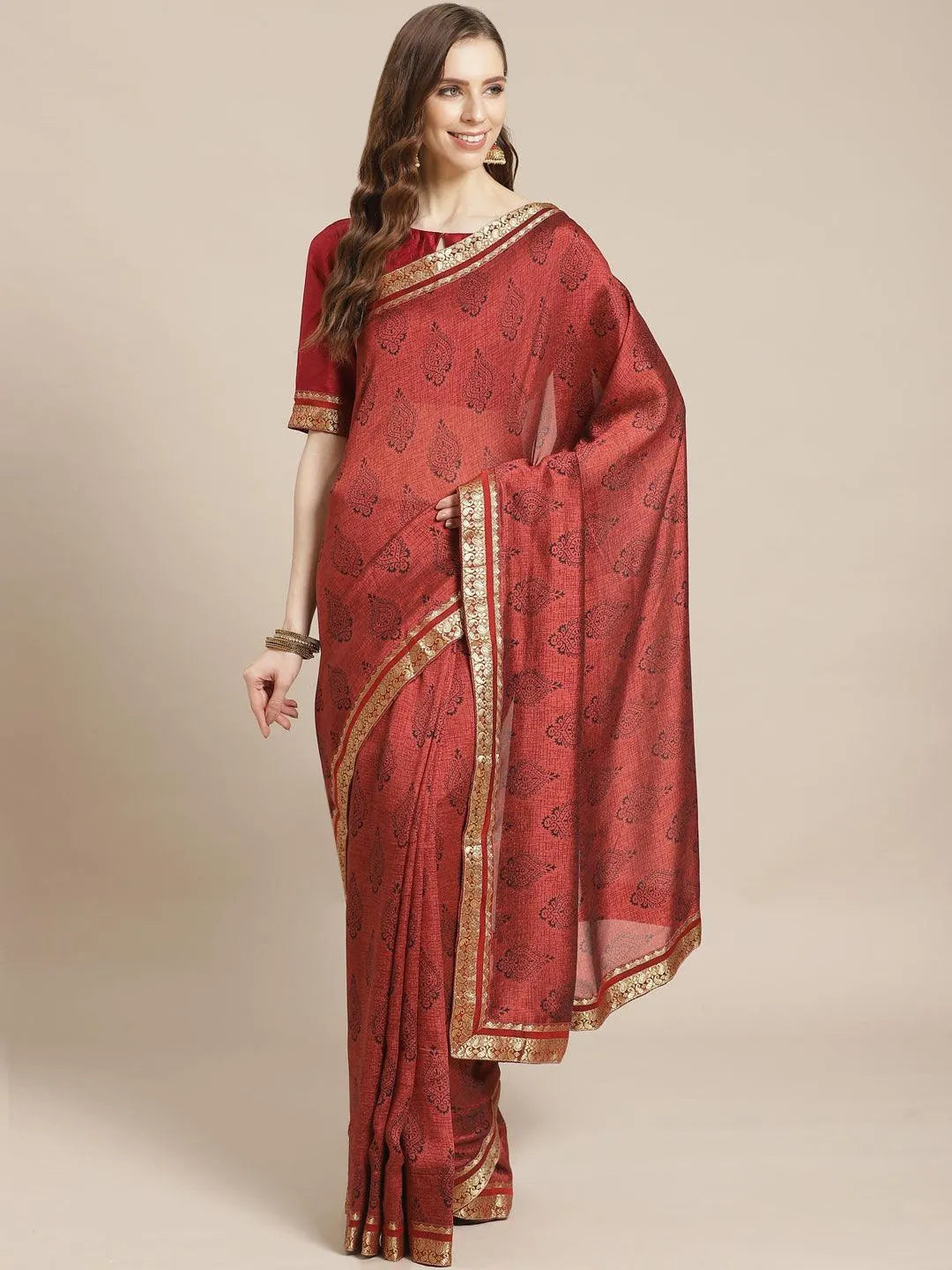 Maroon Printed Silk Blend Saree - Jashvi