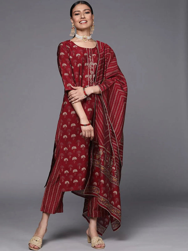 Maroon Printed Silk Blend Straight Suit Set - Jashvi