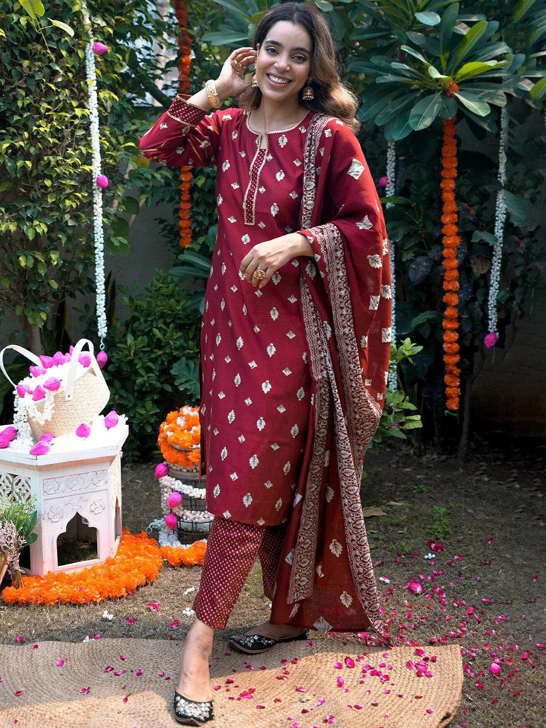 Maroon Printed Silk Blend Straight Suit Set - Jashvi