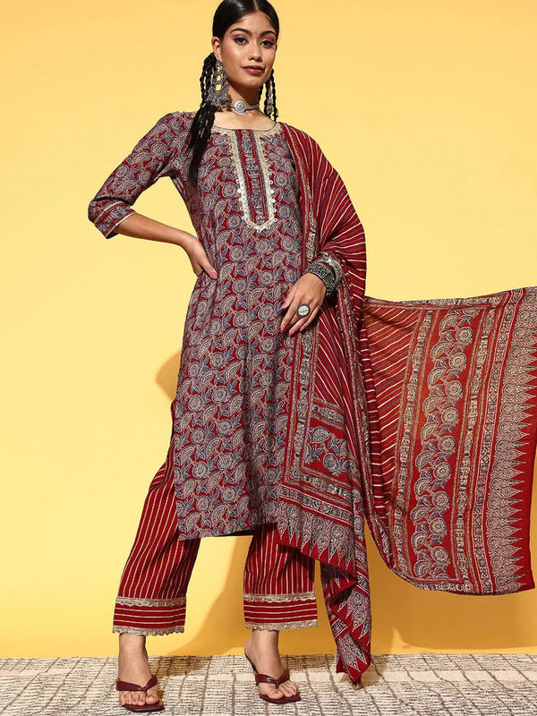 Maroon Printed Silk Blend Straight Suit Set - Jashvi