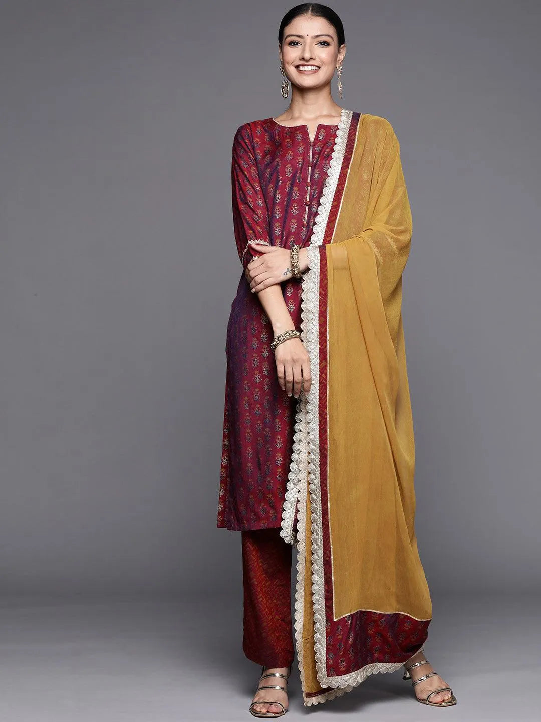 Maroon Printed Silk Blend Straight Suit Set - Jashvi