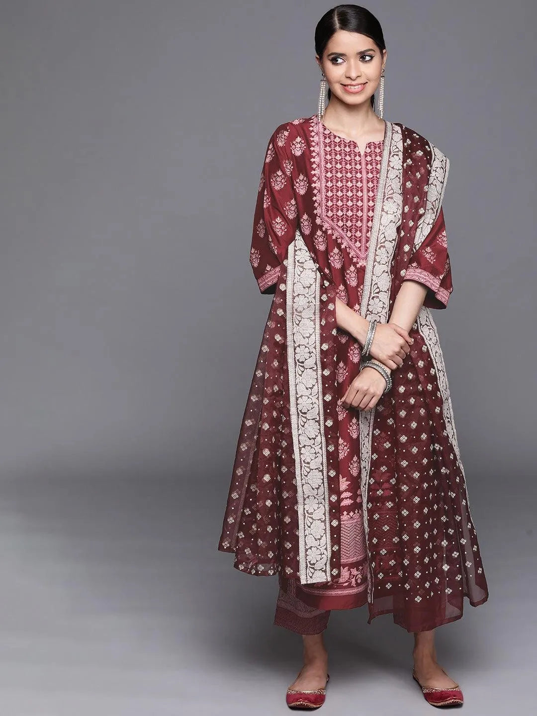 Maroon Printed Silk Blend Suit Set - Jashvi