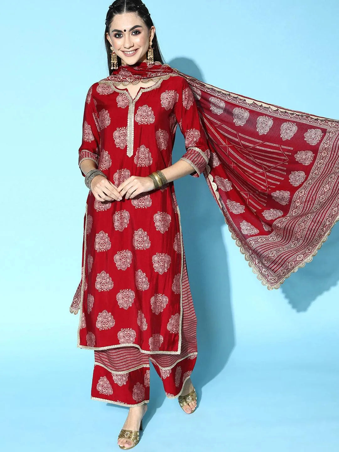 Maroon Printed Silk Blend Straight Suit Set - Jashvi