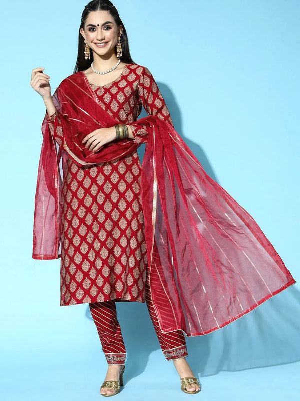 Maroon Printed Silk Blend Straight Suit Set - Jashvi