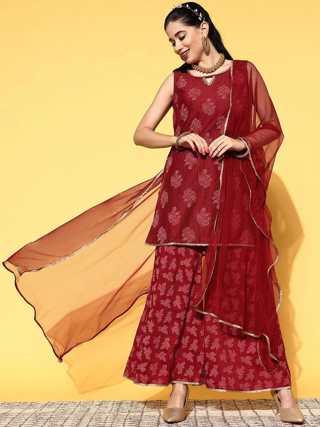 Maroon Printed Silk Blend Straight Suit Set - Jashvi