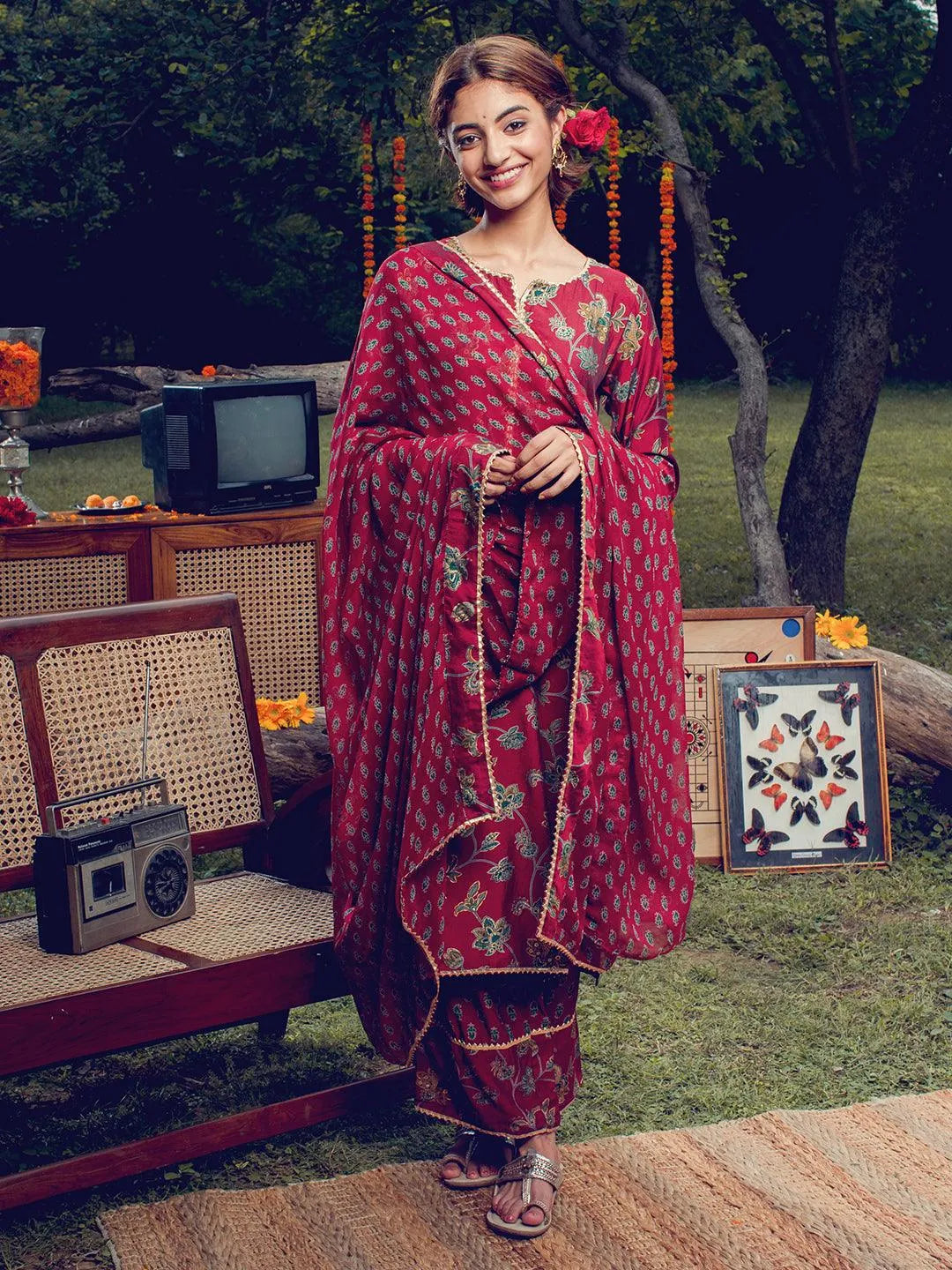 Maroon Printed Silk Blend Suit Set - Jashvi