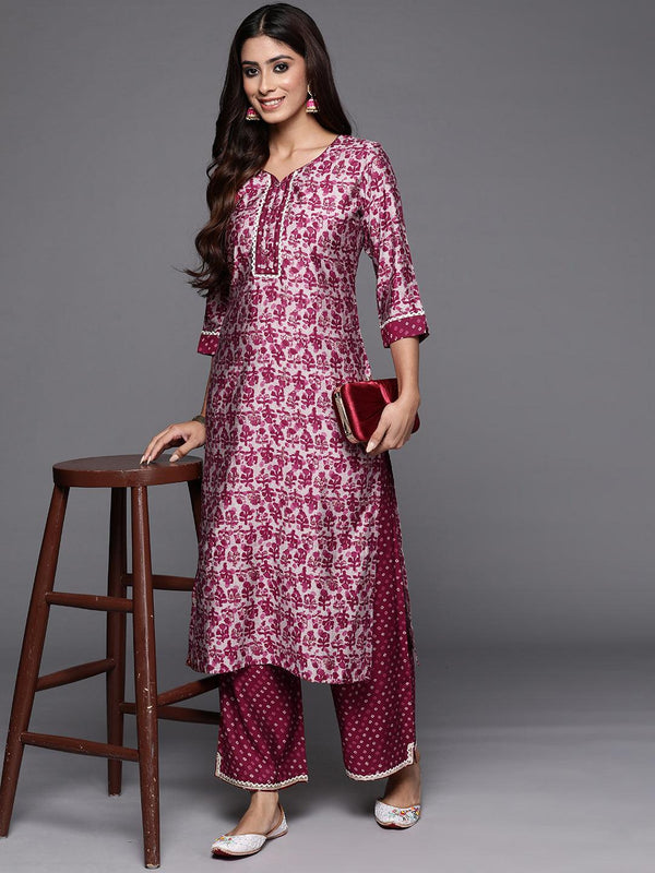 Maroon Printed Silk Blend Straight Kurta With Palazzos - Jashvi