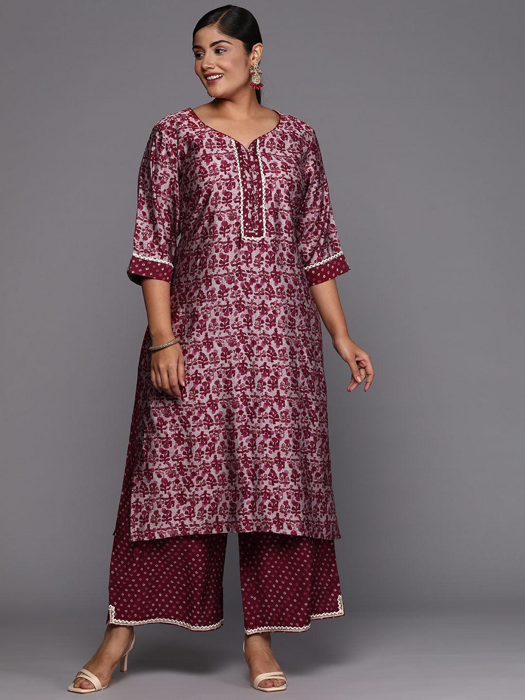 Maroon Printed Silk Blend Straight Kurta With Palazzos & Dupatta - Jashvi