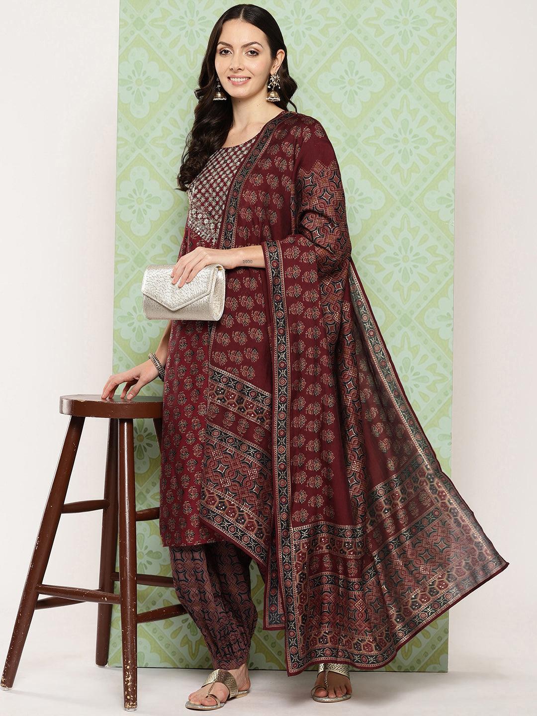 Maroon Printed Silk Blend Straight Kurta With Salwar & Dupatta - Jashvi