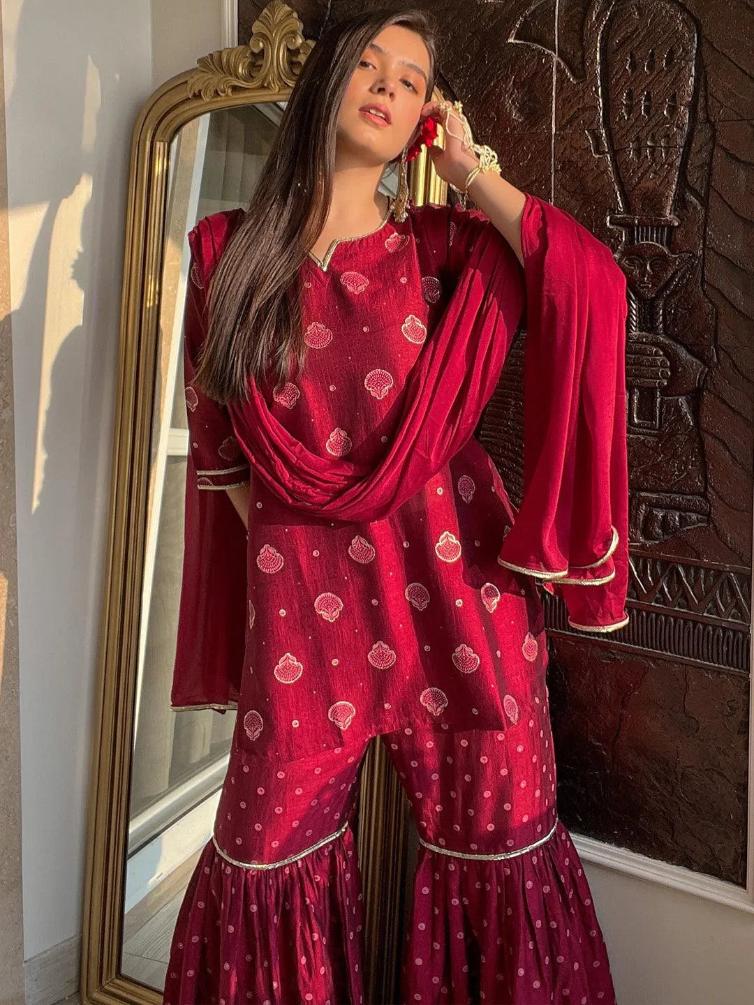 Maroon Printed Silk Blend Straight Sharara Suit Set - Jashvi