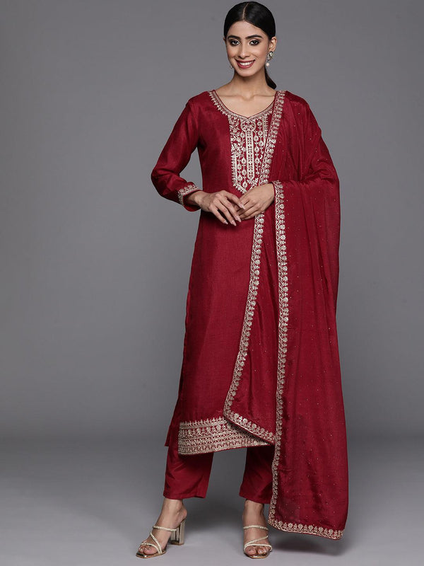 Maroon Printed Silk Blend Straight Kurta With Trousers & Dupatta - Jashvi