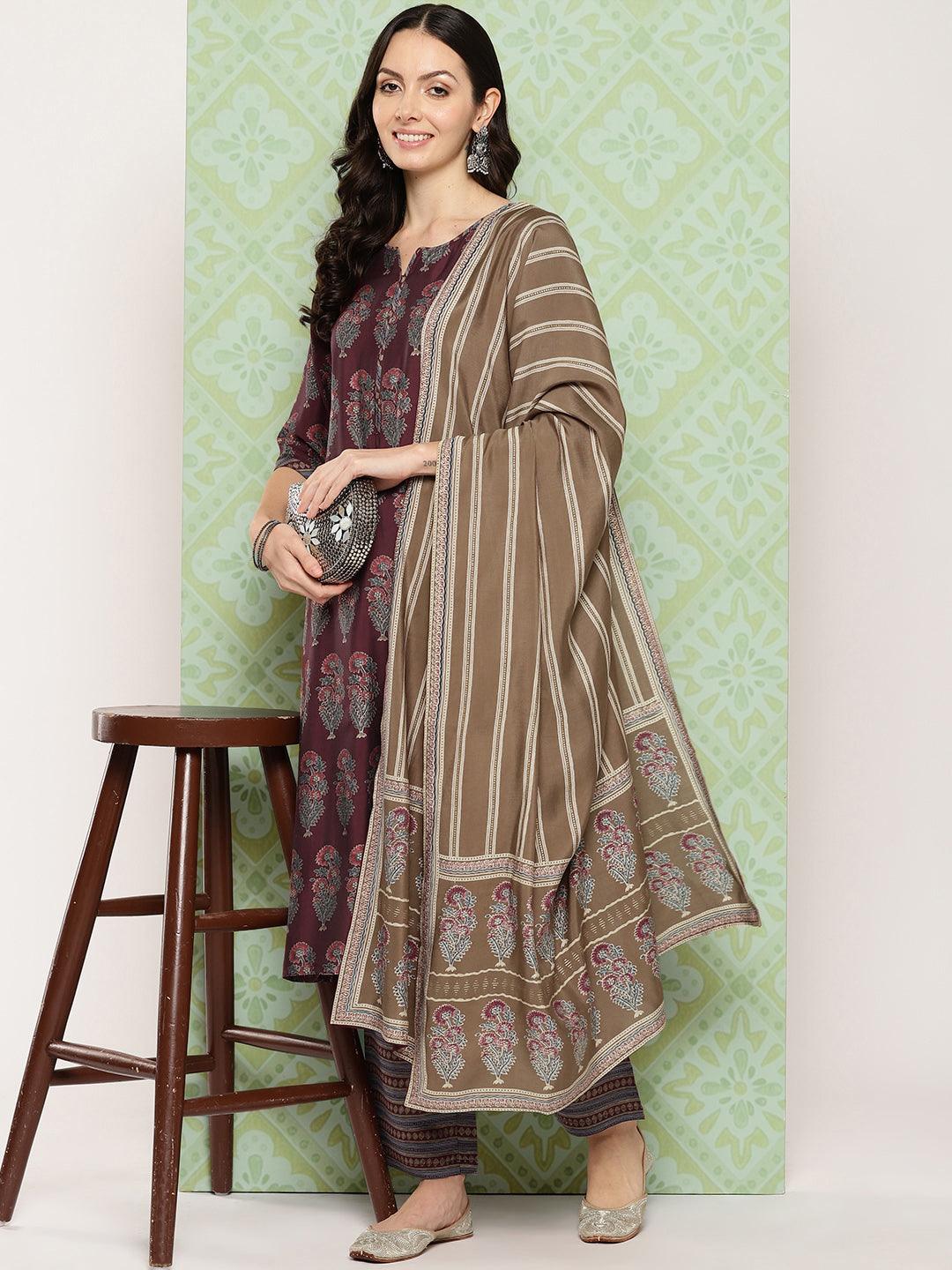 Maroon Printed Silk Blend Straight Kurta With Trousers & Dupatta - Jashvi