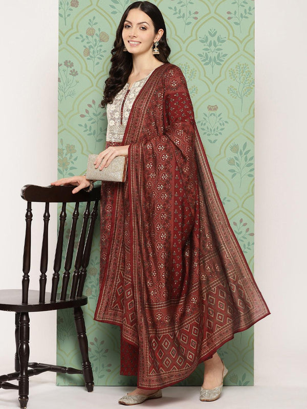 Maroon Printed Silk Blend Straight Kurta With Trousers & Dupatta - Jashvi