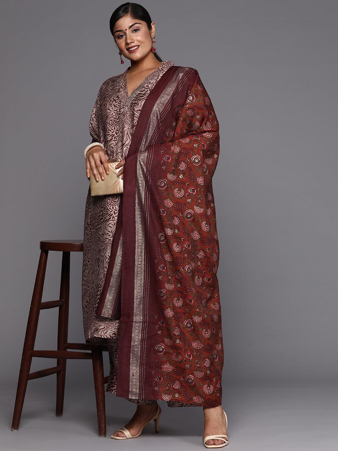 Maroon Printed Silk Blend Straight Kurta With Trousers & Dupatta - Jashvi