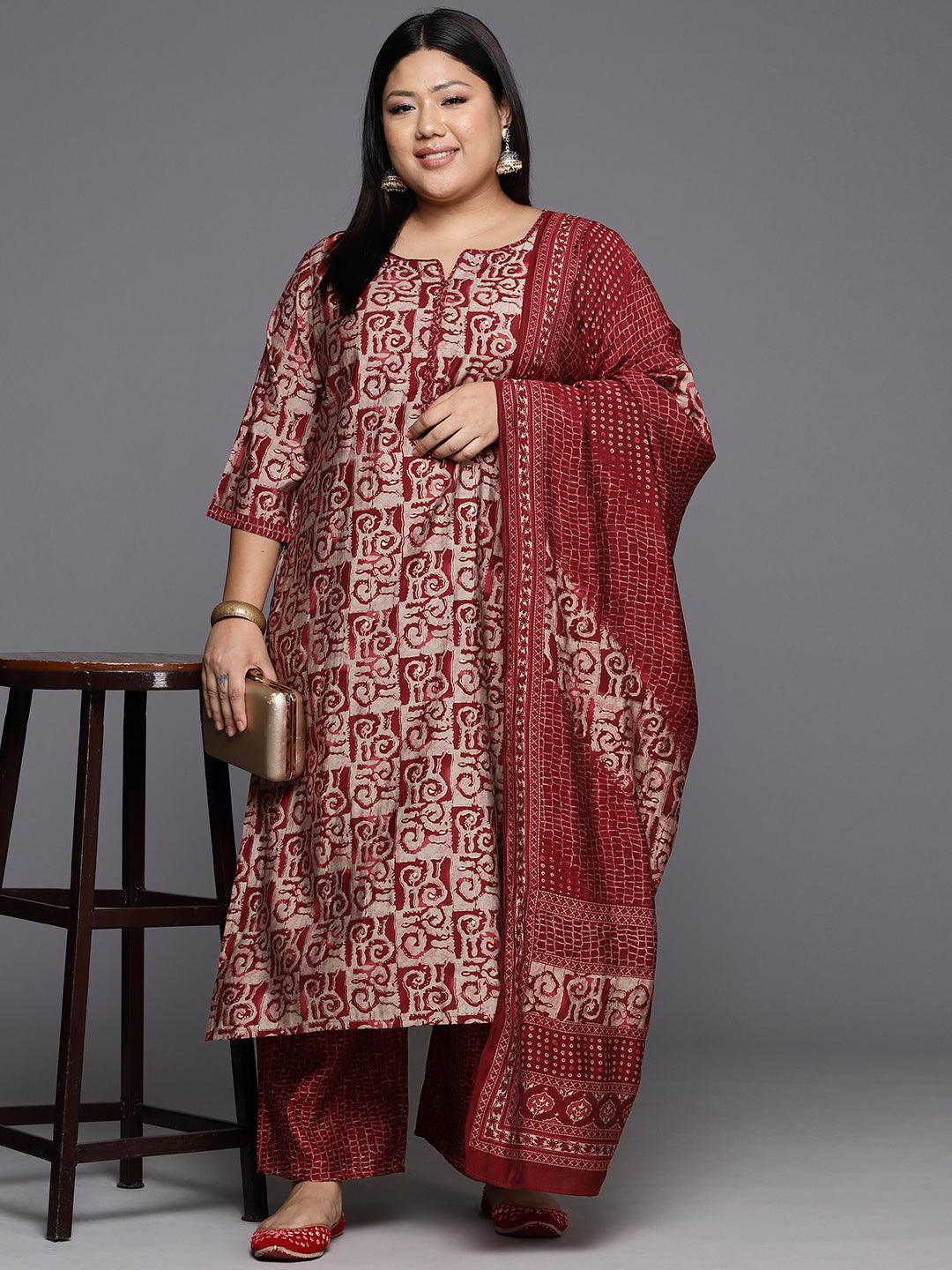 Maroon Printed Silk Blend Straight Kurta With Trousers & Dupatta - Jashvi