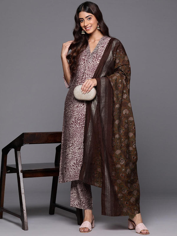 Maroon Printed Silk Blend Straight Kurta With Trousers & Dupatta - Jashvi