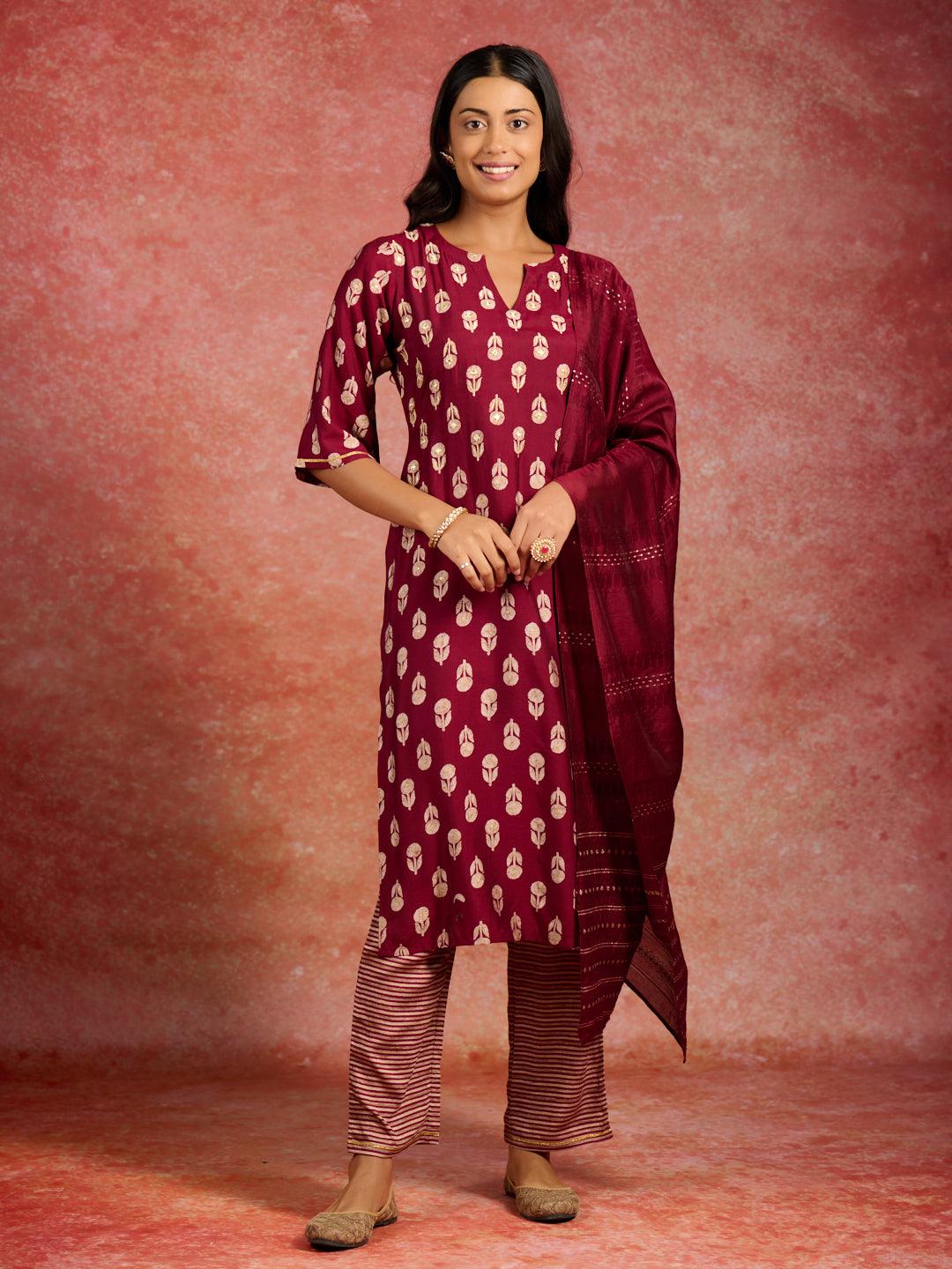 Maroon Printed Silk Blend Straight Kurta With Trousers & Dupatta - Jashvi