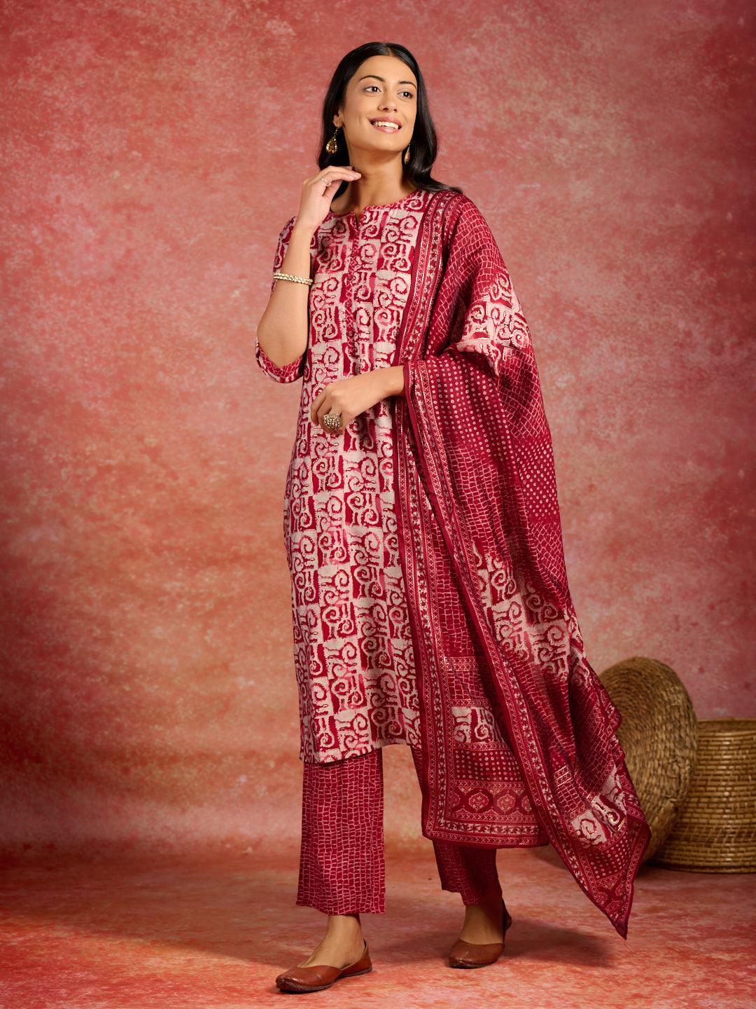 Maroon Printed Silk Blend Straight Kurta With Trousers & Dupatta - Jashvi