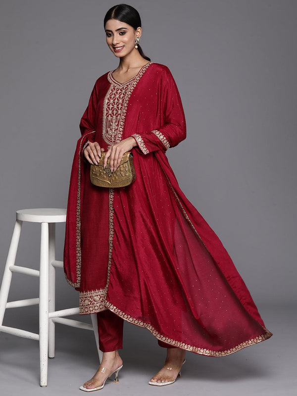 Maroon Printed Silk Blend Straight Kurta With Trousers & Dupatta - Jashvi