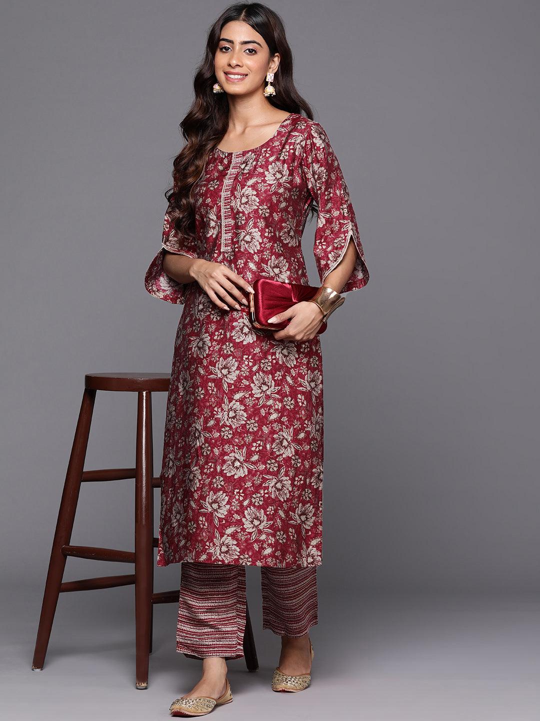 Maroon Printed Silk Blend Straight Kurta With Trousers - Jashvi